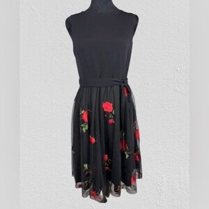Studio One Black Embroidered Rose Dress Sz 6 Sleeveless Fit &Flare Tulle Overlay
